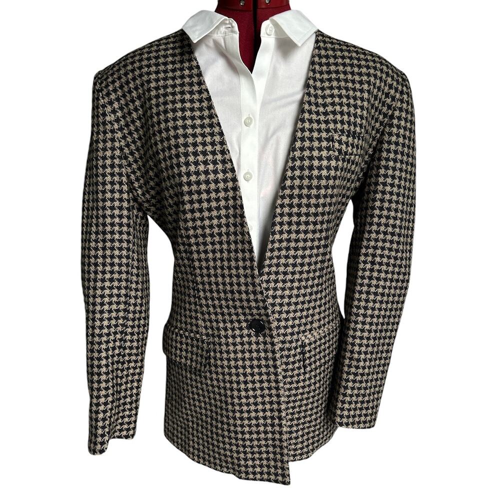 Vintage Ann Klain‎ USA 8 Houndstooth V Collar Wool Silk Cashmere Blazer Jacket